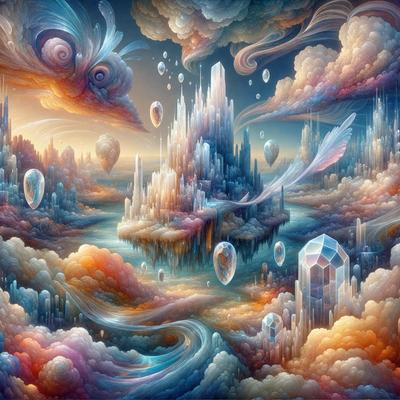 The primary subject of the image is a colorful, surreal landscape featuring a city with a castle-like structure, floating in the sky. The setting is a cloudy, whimsical environment, and the visual style is a combination of digital art and illustration. The colors and mood of the image are vibrant and imaginative, creating a sense of wonder and fantasy.